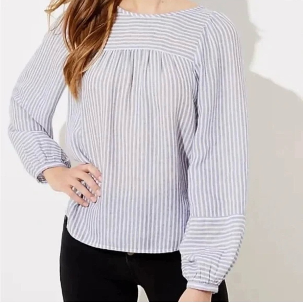 LOFT Outlet Blue White Stripe Smocked Peasant Blouse L Boho Long Sleeve Top